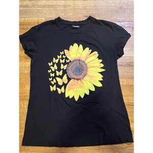 Popular Sports Women Small Black Sunflower Butterfly Graphic Short Sleeve Shirt